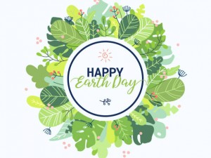 Earth day round banner design template. Vivid colorful flat vector illustration with flower blossoms, plants, leaves. Floral wreath composition with Happy Earth day lettering isolated on white background.