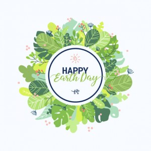 Earth day round banner design template. Vivid colorful flat vector illustration with flower blossoms, plants, leaves. Floral wreath composition with Happy Earth day lettering isolated on white background.